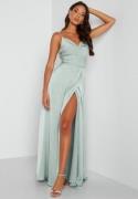 Bubbleroom Occasion Waterfall High Slit Satin Gown Dusty green 34