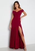 Goddiva Bardot Pleat Maxi Split Dress Wine XL (UK16)