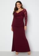 Goddiva Curve Long Sleeve Lace Trim Maxi Dress Dark Wine 54 (UK26)