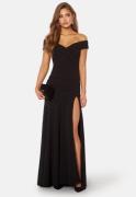 Goddiva Bardot Pleat Maxi Split Dress Black S XS (UK8)