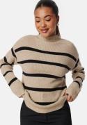 VILA Viril Mockneck L/S Knit Rib Top Natural Melange Stripes:BLACK XXL