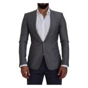 Grå Ull Silke Slim Fit Jakke Blazer