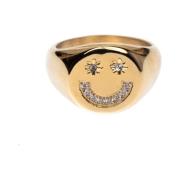 Smiley Signet Ring W/Crystals