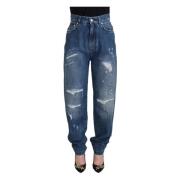 Blå Vasket Bomull Tattered Denim Jeans