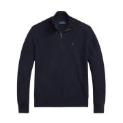 Marineblå Mesh-Strikket Bomull Quarter-Zip Sweater