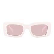 Rektangulære solbriller med rosa linse og hvitt innfatning