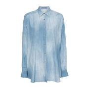 Blå Denim Print Skjorte med Plissédetaljer