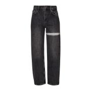 Høytlivs Straight Leg Denim Jeans med Cut Out Rhinestone Detalj