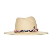 Beige Straw Fedora Hat med Tweed Snor
