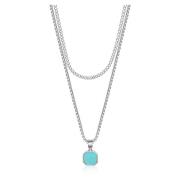 Silver Necklace Layer with 3mm Cuban Link and Turquoise Square Necklac...