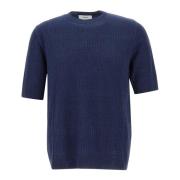 Blå Lin Bomull T-skjorte med Ribbet Tekstur