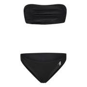 Svart Wet-Effect Lycra Bikini med Drapert Bandeau Topp