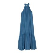 Lang kjole med amerikansk hals og rynket kant i bomull-silke muslin