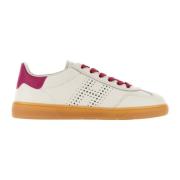 Hvite og Fuchsia Skinn Sneakers