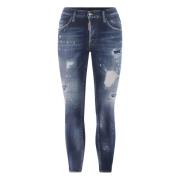 Mørkeblå Skinny Jeans med Malingssprut og Slitte Detaljer