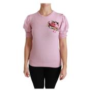 Rosa Blomst Brodert Ullbluse Topp