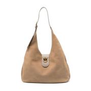 Beige Suede Hobo Veske med Love Birds