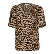 Klassisk Leopard Bluse Korte Ermer V-Hals