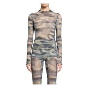 Mørk Camo Mesh Ruffled Båthals Topp