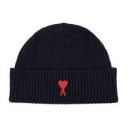 Blå Ull Ribbestrikket Beanie Lue