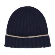 Blå Cashmere Beanie Lue Ribbet Mønster