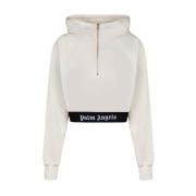 Beige Cropped Hoodie med Elastisk Midjebånd