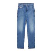 Blå Straight Button Fly Stretch Jeans