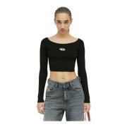 Ribbestrikket Crop Top med Logo