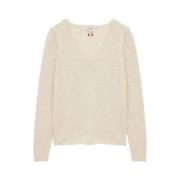 Beige V-hals Genser i Lin/Ull Blanding