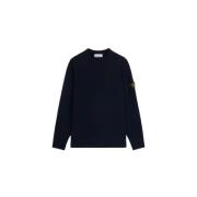 Blå Lammeull Crewneck Sweater med Ribbed Detaljer