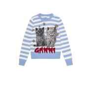 Stripet Katt Grafisk Crewneck Genser