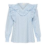 Feminin bluse med puff-ermer og volanger