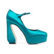 Teal Blå Sateng Platform Pumps