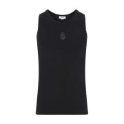 Sort Ribbet Bomull Tank Top med Reversert Skull Broderi