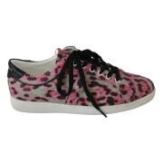 Rosa Leopardmønstret Lærflate Sneakers