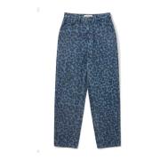 Blå Denim Mom Jeans med Leopardtrykk