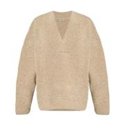 Beige Ull V-Hals Genser med Logo Patch