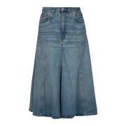 Denim Midi Skjørt med Beltehemper