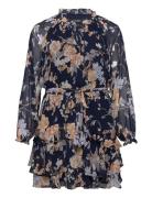 Floral Belted Crinkle Georgette Dress Navy Lauren Women