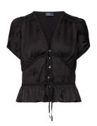 Braided-Trim Pleated Satin Peplum Top Black Polo Ralph Lauren