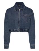 Crop Bomber Denim Jacket Blue Bardot