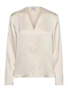 Hammered Satin V Neck Ls Blouse Cream Calvin Klein