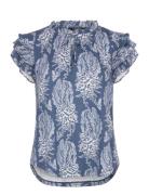 Floral Linen-Blend Jersey Tie-Neck Top Blue Lauren Ralph Lauren