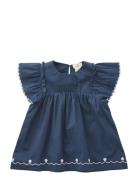 Poplin Emb. Blouse W. Frill Sleeves Navy Copenhagen Colors