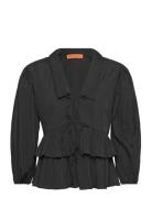 2342 Pleated Poly, Balloon Sleeve Tie Top Black STINE GOYA