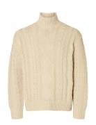 Slhuffe Ls Knit Relaxed Cable High Neck Cream Selected