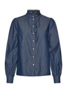 Denim Frill Blouse Navy Lexington Clothing