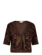 Vibelieve S/S Tie Sequins Top/Ptyka Brown Vila