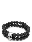 Double Beaded Bracelet With Lava-St , Onyx And Silver Skull Armbånd Sm...