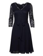 Recycled: Chiffon Midi Dress With Lace Knelang Kjole Navy Esprit Colle...